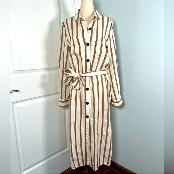 Zara linen blend striped midi dress SZ XS belted button down shirt dress summe - Picture 6 of 8
